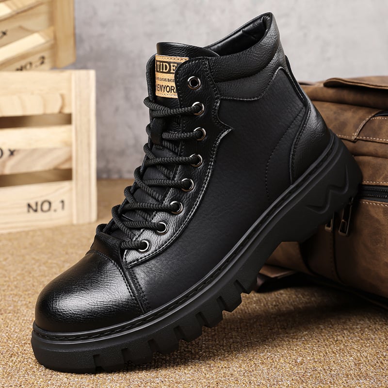 Férfi Martin csizmák télre: retro stílusú bőr csizma, gumitalp, PU talpabetét, PU belső bélés