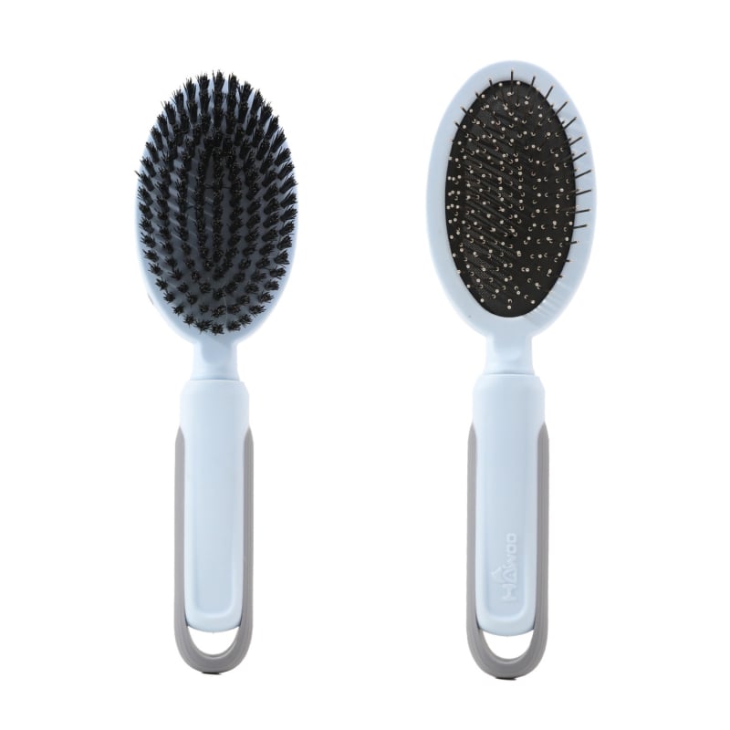 Dupla oldalú rozsdamentes acél szőrész fésű háziállatoknak — kutyáknak és macskáknak, fürdetéshez és szőrzetápoláshoz, szőrszálak eltávolítása, masszázs légzsákkal; Anyag: PP + TPR + rozsdamentes acél tűk; Márka Hawoo/haowo