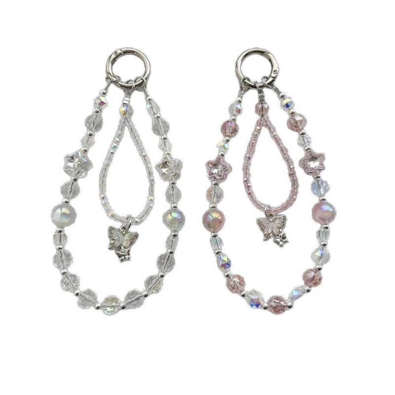 Könnyű luxus telefontartó lánc kristály pillangó gyöngyökkel; kézzel készített gyöngyök; kristály anyag; fényűző stílus; minta csillagok és hold