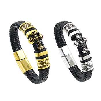 Férfi többrétegű bőrkarkötő platinált kereszttel, geometriai dizájn, ötvözet alapanyag, 2023 tavasz kiadás, személyes stílus