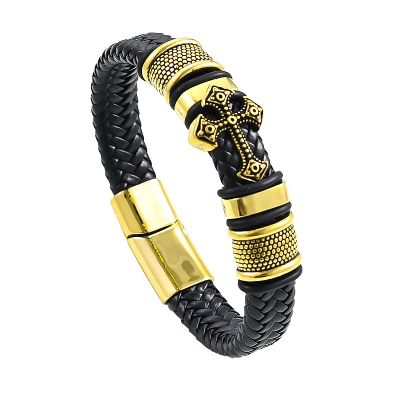 Férfi többrétegű bőrkarkötő platinált kereszttel, geometriai dizájn, ötvözet alapanyag, 2023 tavasz kiadás, személyes stílus