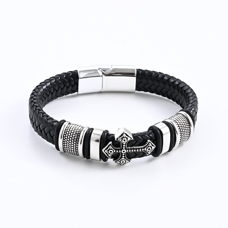 Férfi többrétegű bőrkarkötő platinált kereszttel, geometriai dizájn, ötvözet alapanyag, 2023 tavasz kiadás, személyes stílus