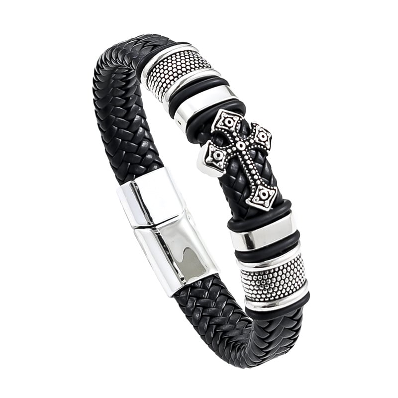 Férfi többrétegű bőrkarkötő platinált kereszttel, geometriai dizájn, ötvözet alapanyag, 2023 tavasz kiadás, személyes stílus