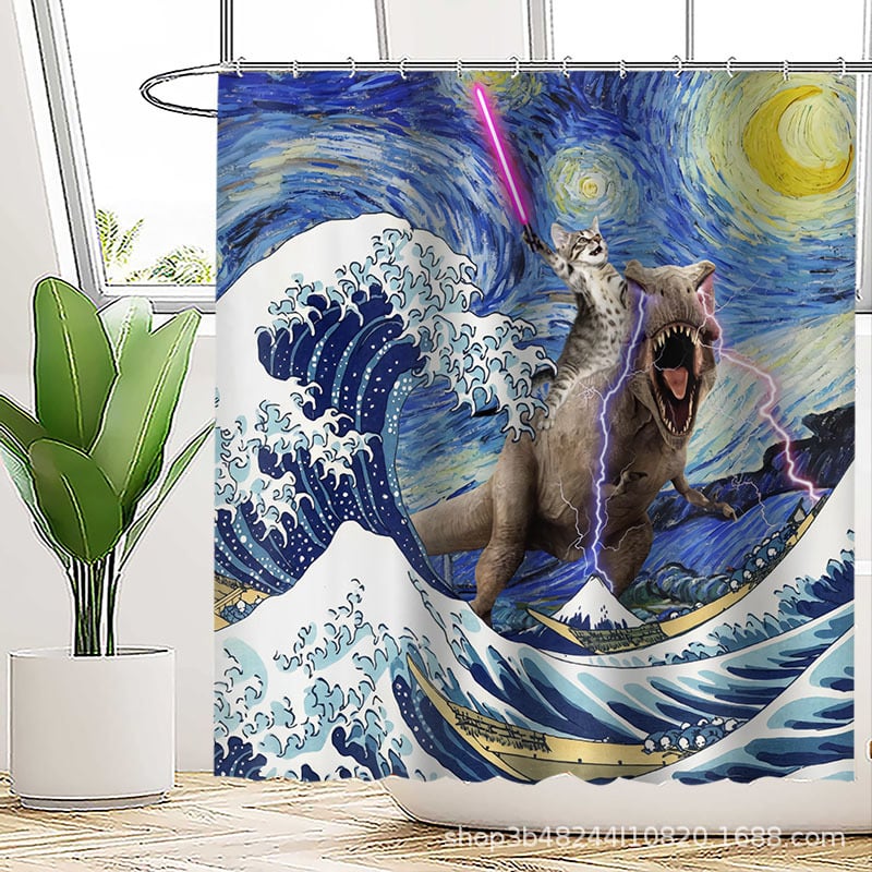Poliészteres vízálló zuhanyfüggöny a fürdőszobához, őrült macska mintával, kreatív stílus; logónyomtatás és testreszabás támogatott.