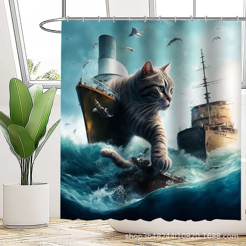 Poliészteres vízálló zuhanyfüggöny a fürdőszobához, őrült macska mintával, kreatív stílus; logónyomtatás és testreszabás támogatott.