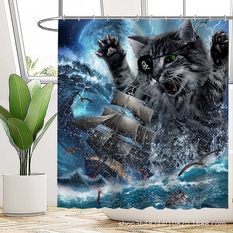 Poliészteres vízálló zuhanyfüggöny a fürdőszobához, őrült macska mintával, kreatív stílus; logónyomtatás és testreszabás támogatott.
