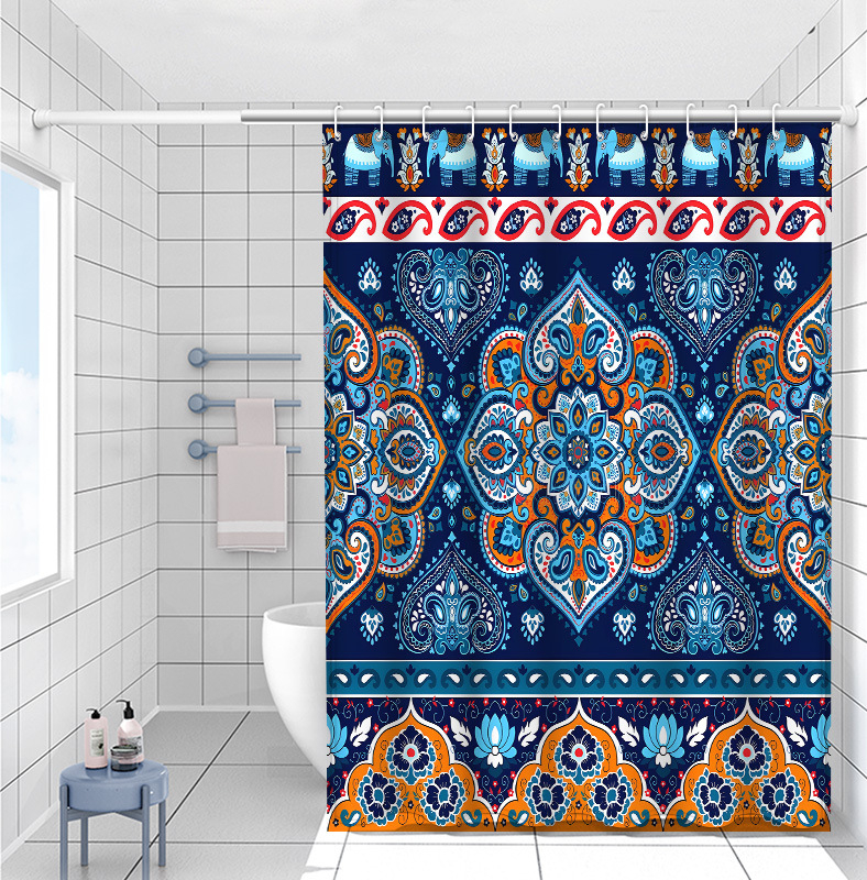 Bohem stílusú nyomtatott fürdőszobai zuhanyfüggöny és válaszfal készlet, poliészter, vízálló és penészálló (Poliészter; Bohem stílus; Nyomtatott minta; Testreszabás elérhető; Licencelt magáncímke)