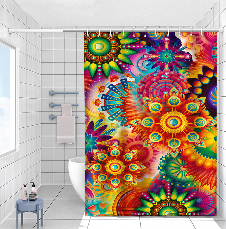 Bohem stílusú nyomtatott fürdőszobai zuhanyfüggöny és válaszfal készlet, poliészter, vízálló és penészálló (Poliészter; Bohem stílus; Nyomtatott minta; Testreszabás elérhető; Licencelt magáncímke)