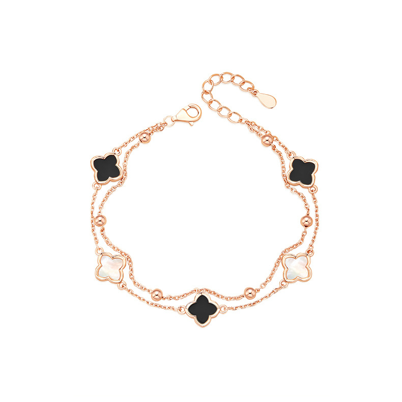 S925 ezüst karkötő agáttal, négylevelű lóhere, kettős rétegű virágos dizájn, női könnyű luxus stílus