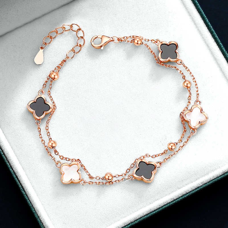 S925 ezüst karkötő agáttal, négylevelű lóhere, kettős rétegű virágos dizájn, női könnyű luxus stílus