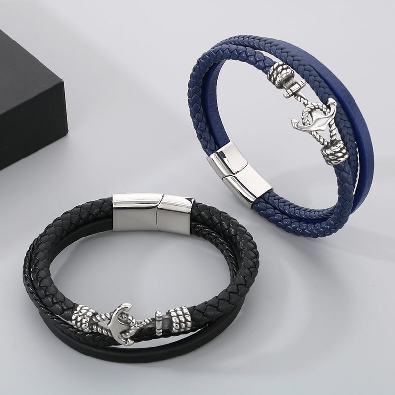 Titán acélból készült karkötő horgonyos bőrvonallal, kézzel kötött, uniszex, geometrikus többszintű dizájn, márka Kalen