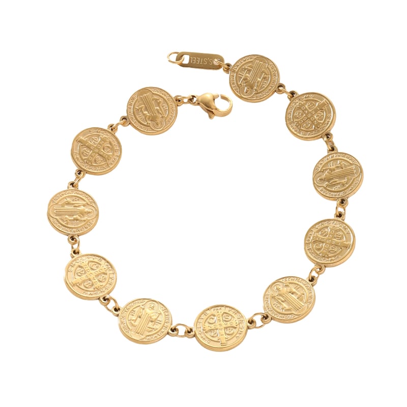 Női karkötő Szent Benedek-mintával, rozsdamentes acél, elektroplattázás, geometriai kialakítás, utazási ajándék