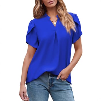 Női poliészter felső V-nyakkal, szirmú ujjak, rövid ujjú, laza szabás, egyszínű