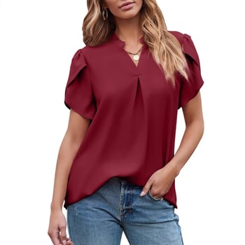 Női poliészter felső V-nyakkal, szirmú ujjak, rövid ujjú, laza szabás, egyszínű