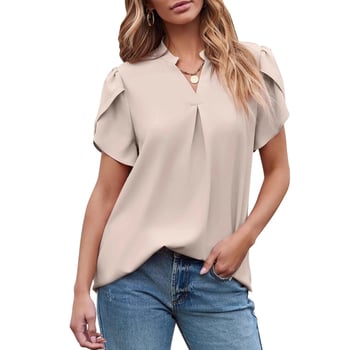 Női poliészter felső V-nyakkal, szirmú ujjak, rövid ujjú, laza szabás, egyszínű