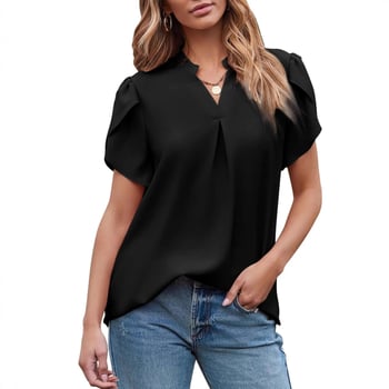 Női poliészter felső V-nyakkal, szirmú ujjak, rövid ujjú, laza szabás, egyszínű