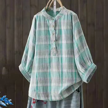 Pamut fonalas nyomtatott ing kockás mintával, rövid ujjú, bő szabás, kerek nyakú gallér, mindennapi japán-koreai laza stílus