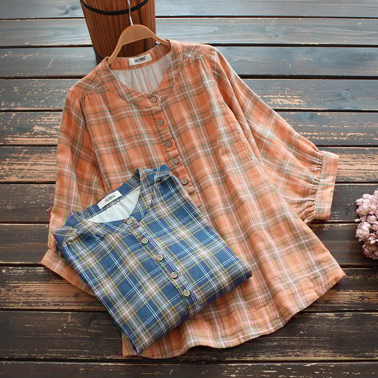 Pamut fonalas nyomtatott ing kockás mintával, rövid ujjú, bő szabás, kerek nyakú gallér, mindennapi japán-koreai laza stílus