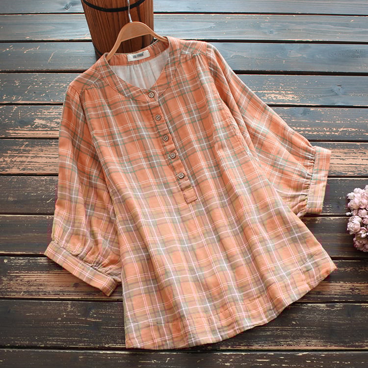 Pamut fonalas nyomtatott ing kockás mintával, rövid ujjú, bő szabás, kerek nyakú gallér, mindennapi japán-koreai laza stílus