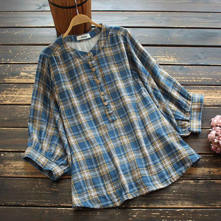 Pamut fonalas nyomtatott ing kockás mintával, rövid ujjú, bő szabás, kerek nyakú gallér, mindennapi japán-koreai laza stílus