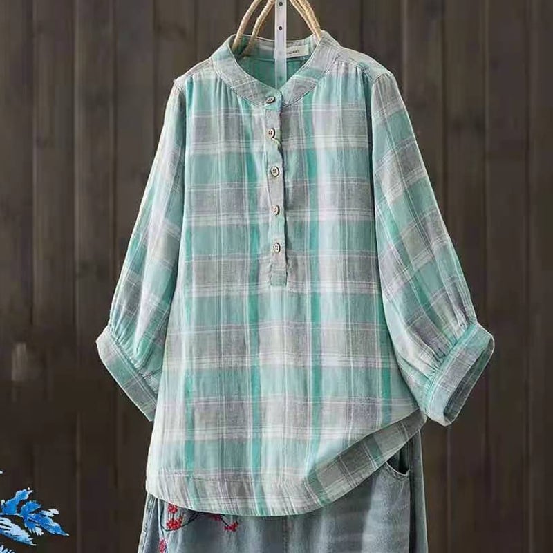 Pamut fonalas nyomtatott ing kockás mintával, rövid ujjú, bő szabás, kerek nyakú gallér, mindennapi japán-koreai laza stílus