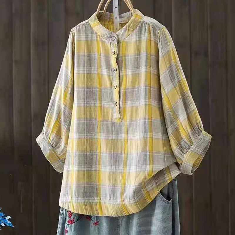 Pamut fonalas nyomtatott ing kockás mintával, rövid ujjú, bő szabás, kerek nyakú gallér, mindennapi japán-koreai laza stílus