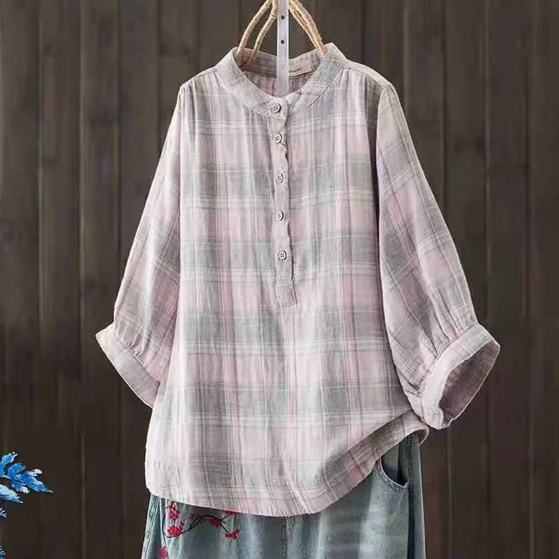 Pamut fonalas nyomtatott ing kockás mintával, rövid ujjú, bő szabás, kerek nyakú gallér, mindennapi japán-koreai laza stílus