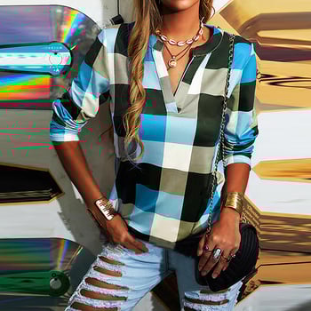 Kockás mintás V-nyakú hosszú ujjú ing, pamutban gazdag szövet (95%+ pamut), laza szabású