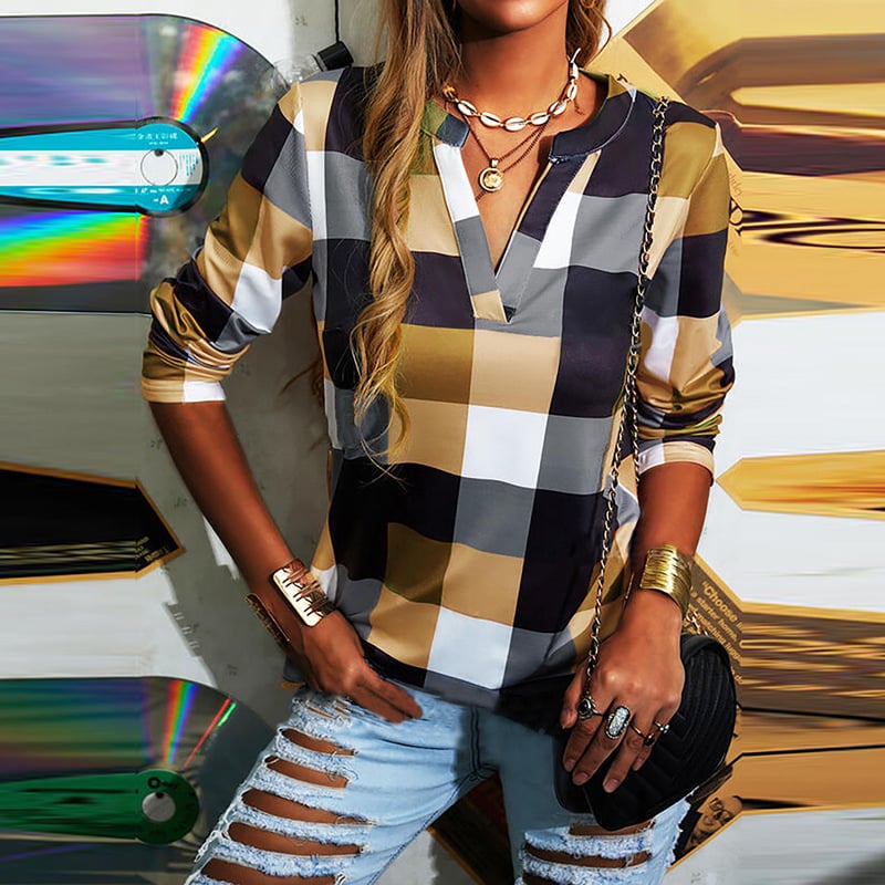 Kockás mintás V-nyakú hosszú ujjú ing, pamutban gazdag szövet (95%+ pamut), laza szabású