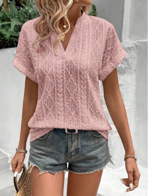 Geometriai jacquard blúz V-nyakú, rövid ujjú, poliészter-spandex keverék