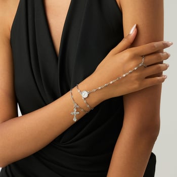 Női kézlánc karkötő keresztmedállal, réz lánc és cinkötvözet medál, elektroplakált felülettel, minimalist geometriai dizájn