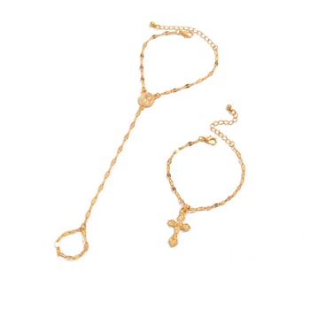 Női kézlánc karkötő keresztmedállal, réz lánc és cinkötvözet medál, elektroplakált felülettel, minimalist geometriai dizájn
