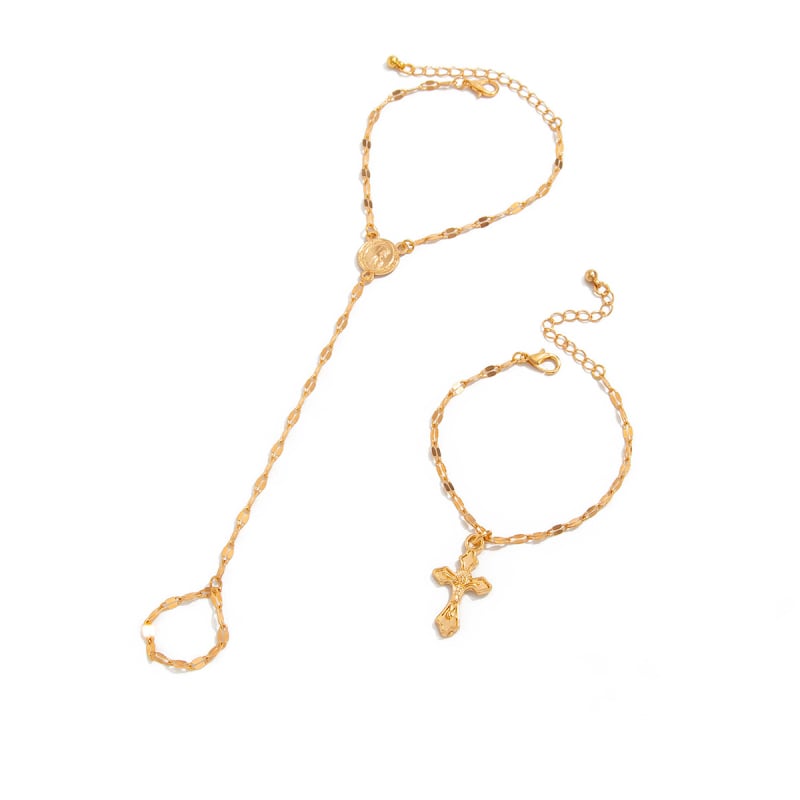 Női kézlánc karkötő keresztmedállal, réz lánc és cinkötvözet medál, elektroplakált felülettel, minimalist geometriai dizájn