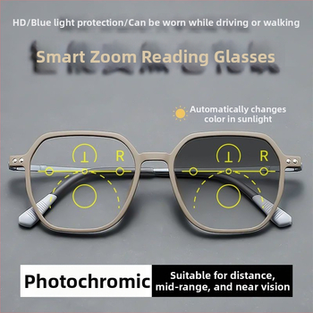 Presbisiopia szemüveg automatikus fókuszú progresszív, távolság és közeli fókusz, fotokróm és kékfény-szűrő lencsékkel