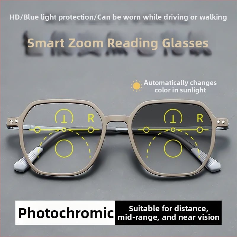 Presbisiopia szemüveg automatikus fókuszú progresszív, távolság és közeli fókusz, fotokróm és kékfény-szűrő lencsékkel