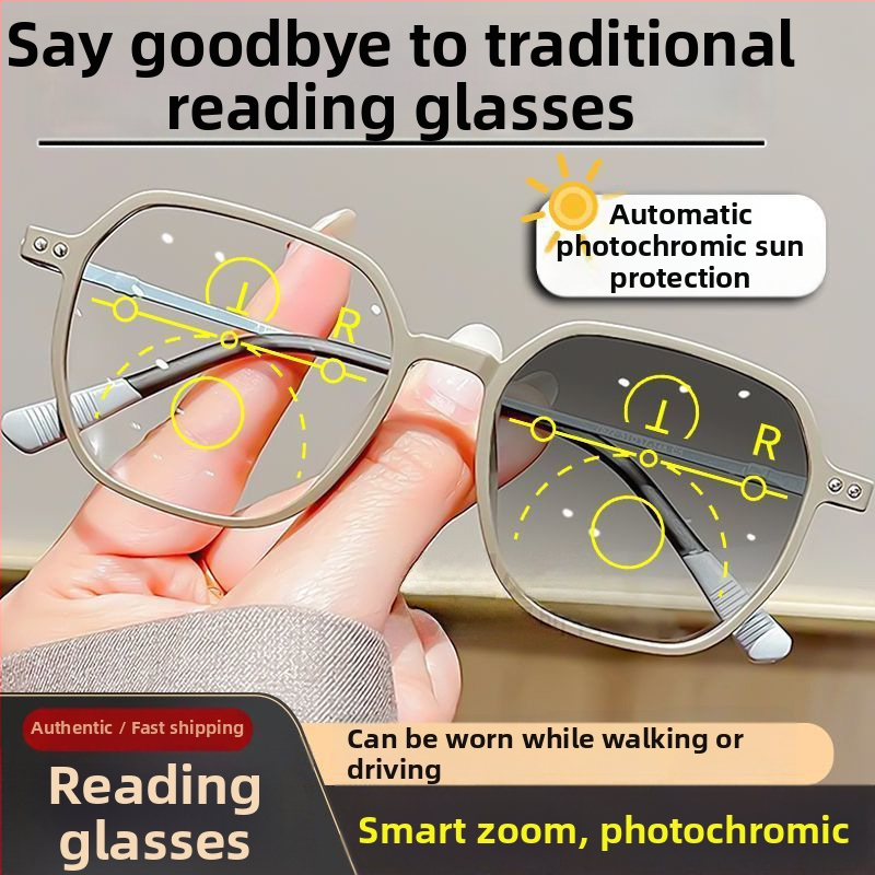 Presbisiopia szemüveg automatikus fókuszú progresszív, távolság és közeli fókusz, fotokróm és kékfény-szűrő lencsékkel