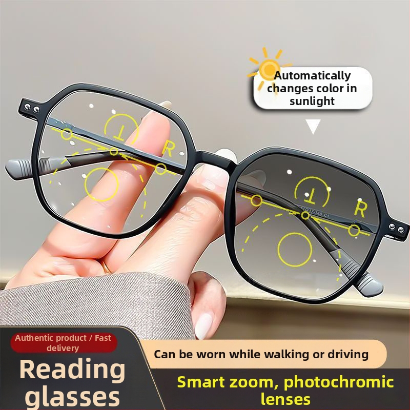 Presbisiopia szemüveg automatikus fókuszú progresszív, távolság és közeli fókusz, fotokróm és kékfény-szűrő lencsékkel