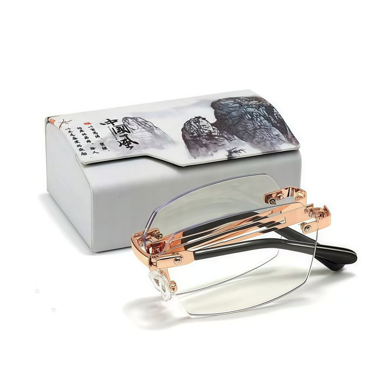 Összecsukható olvasó szemüveg, titániumötvözet keret, keret nélküli dizájn, PC lencsék kékfény- és sugárzás elleni védelemmel, kompakt és könnyű, hosszú arc formához tervezve