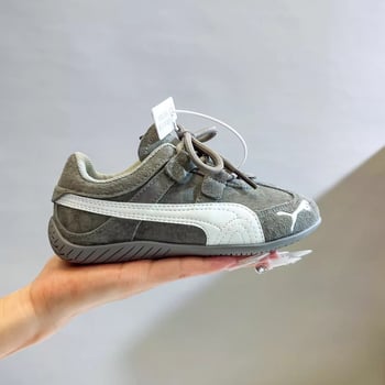 Унисексови детски спортни обувки за бягане, горна част от изкуствена кожа, гумена подметка, закопчаване с велкро, модел на ивици, дишащи и износоустойчиви за есента