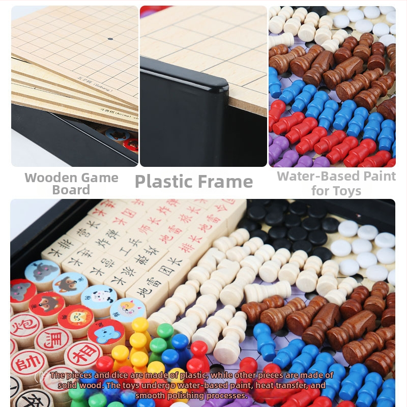 Fa asztali játékkészlet: sakk–go–gomoku, három az egyben, gyerekeknek, 4–6 éveseknek