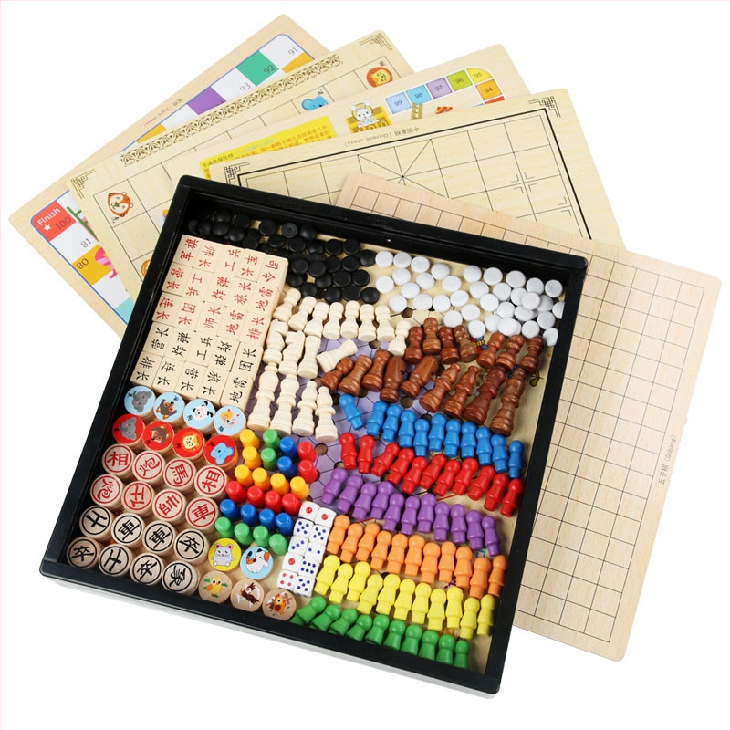 Fa asztali játékkészlet: sakk–go–gomoku, három az egyben, gyerekeknek, 4–6 éveseknek
