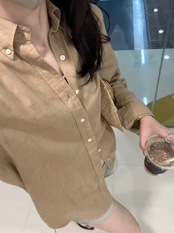 Uniszex len-kanapé hímzett polo felső, hosszú ujjú, laza szabás, UV védelem, őszi 2024