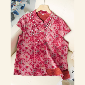 Cămașă cu guler înalt, nasturi pe bandă oblică, mâneci scurte, imprimeu 3D