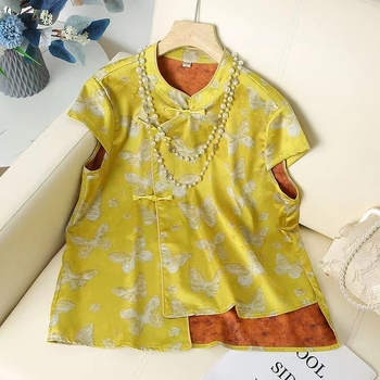 Cămașă cu guler înalt, nasturi pe bandă oblică, mâneci scurte, imprimeu 3D