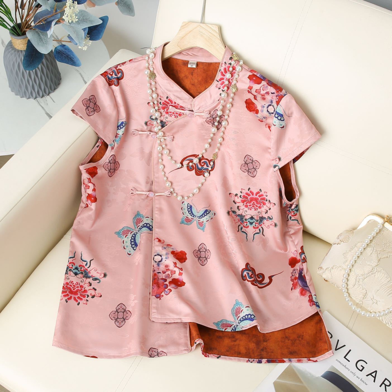 Cămașă cu guler înalt, nasturi pe bandă oblică, mâneci scurte, imprimeu 3D