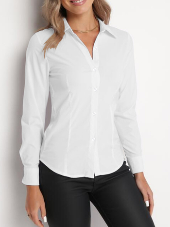 Színblokkal ellátott blúz, hosszú ujjú, leengedett gallér, poliészter 70–80%, normál hosszúság