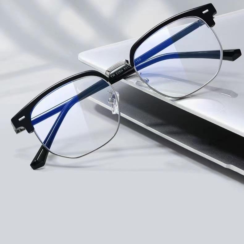 Félkeretes szemüveg presbiopiára, retro négyzet alakú keret, PC lencsék, kékfény-védelem