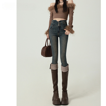 Magas derekú farmernadrág fleece-sel bélelve, rugalmas denim, ceruza szabású, hétköznapi stílus, 2024 ősz