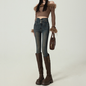 Magas derekú farmernadrág fleece-sel bélelve, rugalmas denim, ceruza szabású, hétköznapi stílus, 2024 ősz