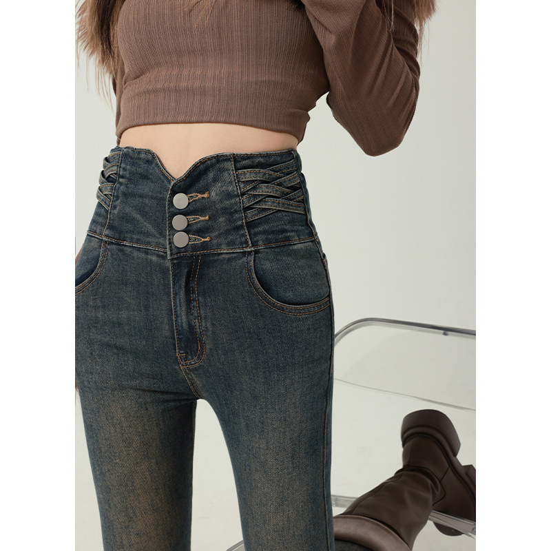 Magas derekú farmernadrág fleece-sel bélelve, rugalmas denim, ceruza szabású, hétköznapi stílus, 2024 ősz